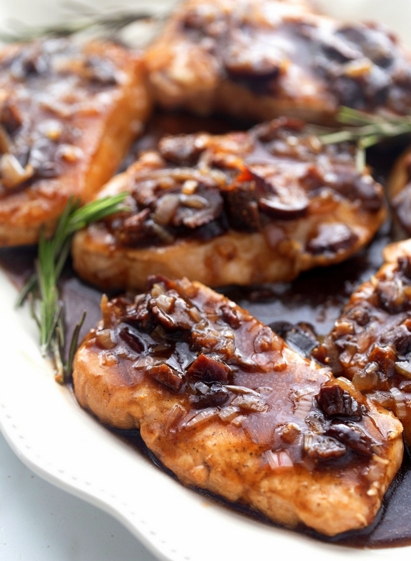 Boneless pork chops with a balsamic fig sauce, highlighting savory shallots and dried figs in the most elegant way. boneless pork chops and balsamic fig sauce