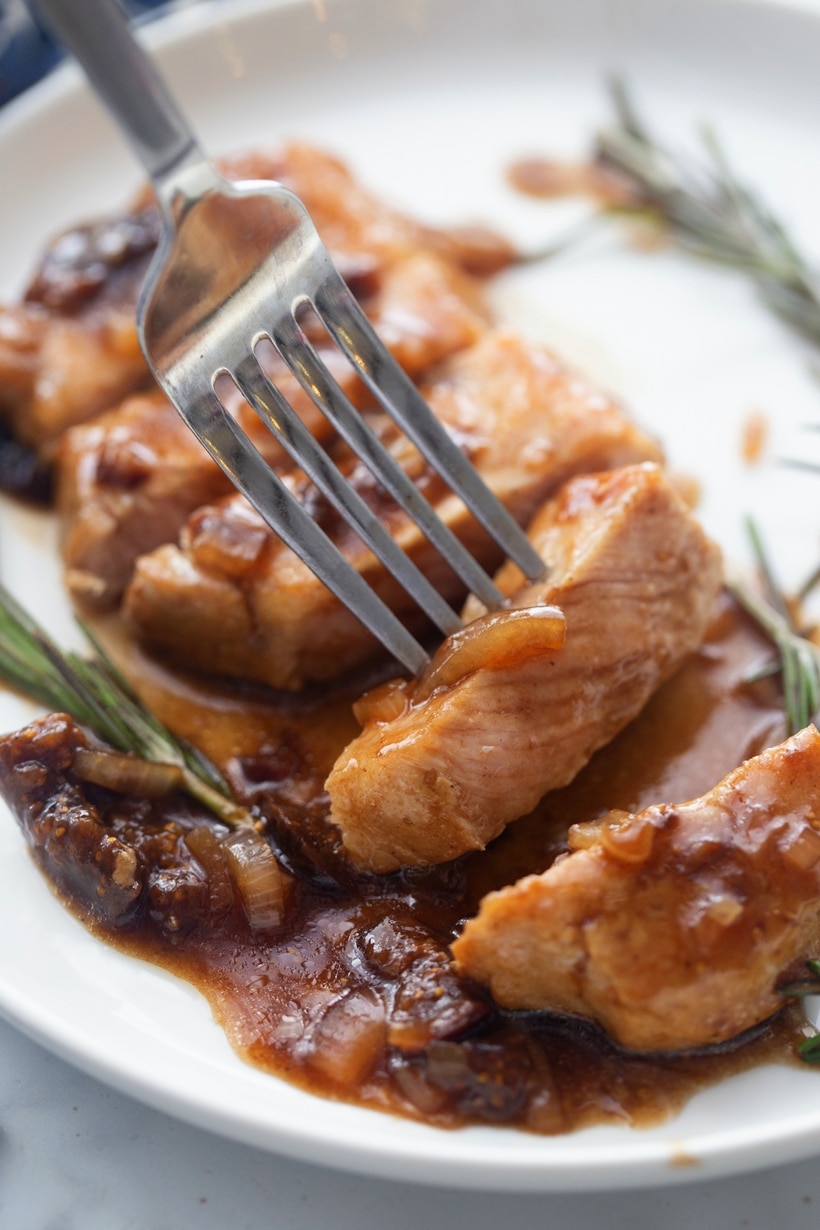 Boneless pork chops with a balsamic fig sauce, highlighting savory shallots and dried figs in the most elegant way. pork with fig sauce