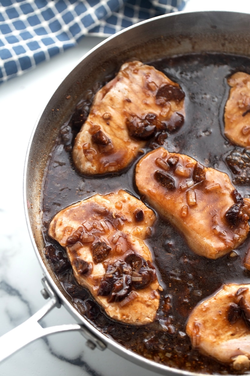 Boneless pork chops with a balsamic fig sauce, highlighting savory shallots and dried figs in the most elegant way. balsamic fig sauce