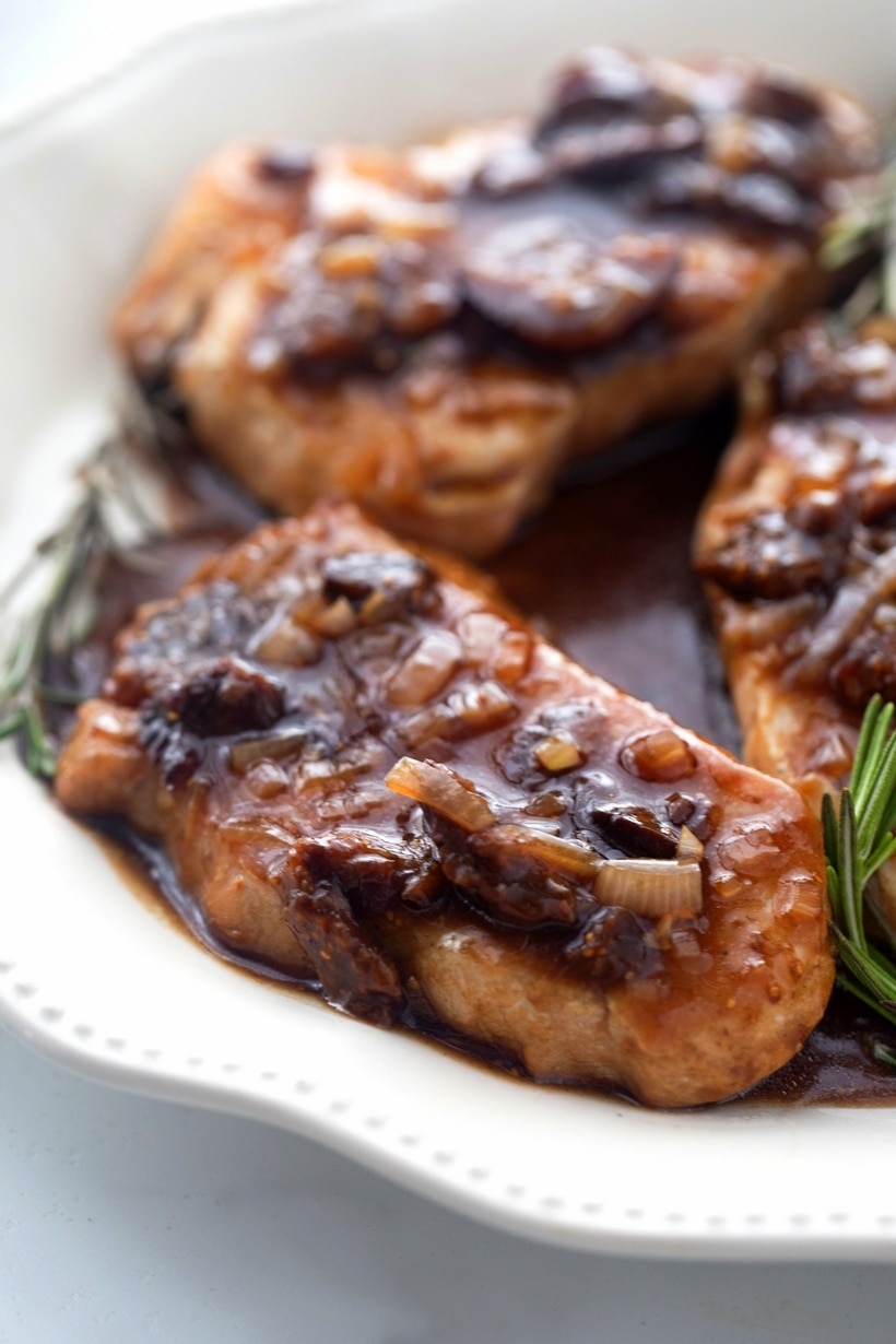 Boneless pork chops with a balsamic fig sauce, highlighting savory shallots and dried figs in the most elegant way. balsamic fig sauce with pork