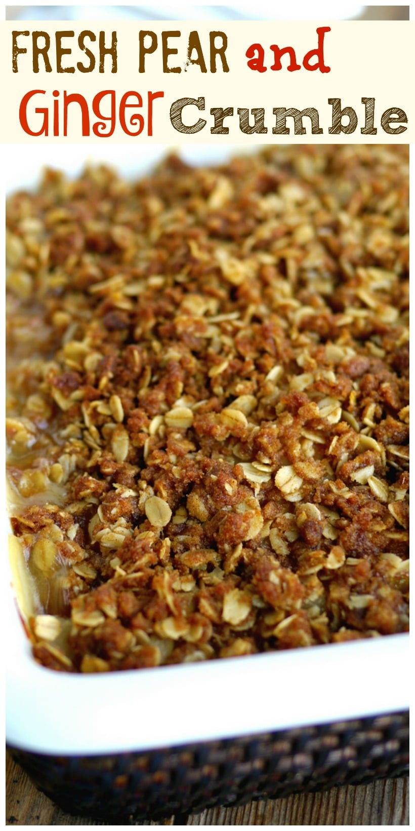 A classic pairing of pears and ginger makes this Pear and Ginger Crumble recipe a dessert you will not soon forget. Serve warm right out of the oven with a scoop of vanilla ice cream for the ultimate treat. Easy enough to make on a weeknight too. Crumble in a baking dish.