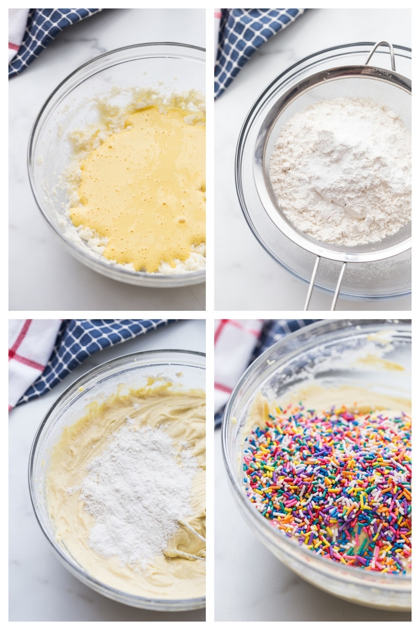 Making the base for patriotic cupcakes before baking and topping with Pop Rocks. Preparing the batter for firecracker cupcakes, from whipped yolks to folding in sprinkles.