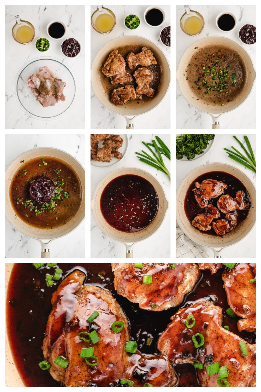 How to make Saucy Plum Chicken step-by-step A series of images showing the process of cooking the chicken, from seasoning and searing the chicken to making the plum sauce and coating the chicken.