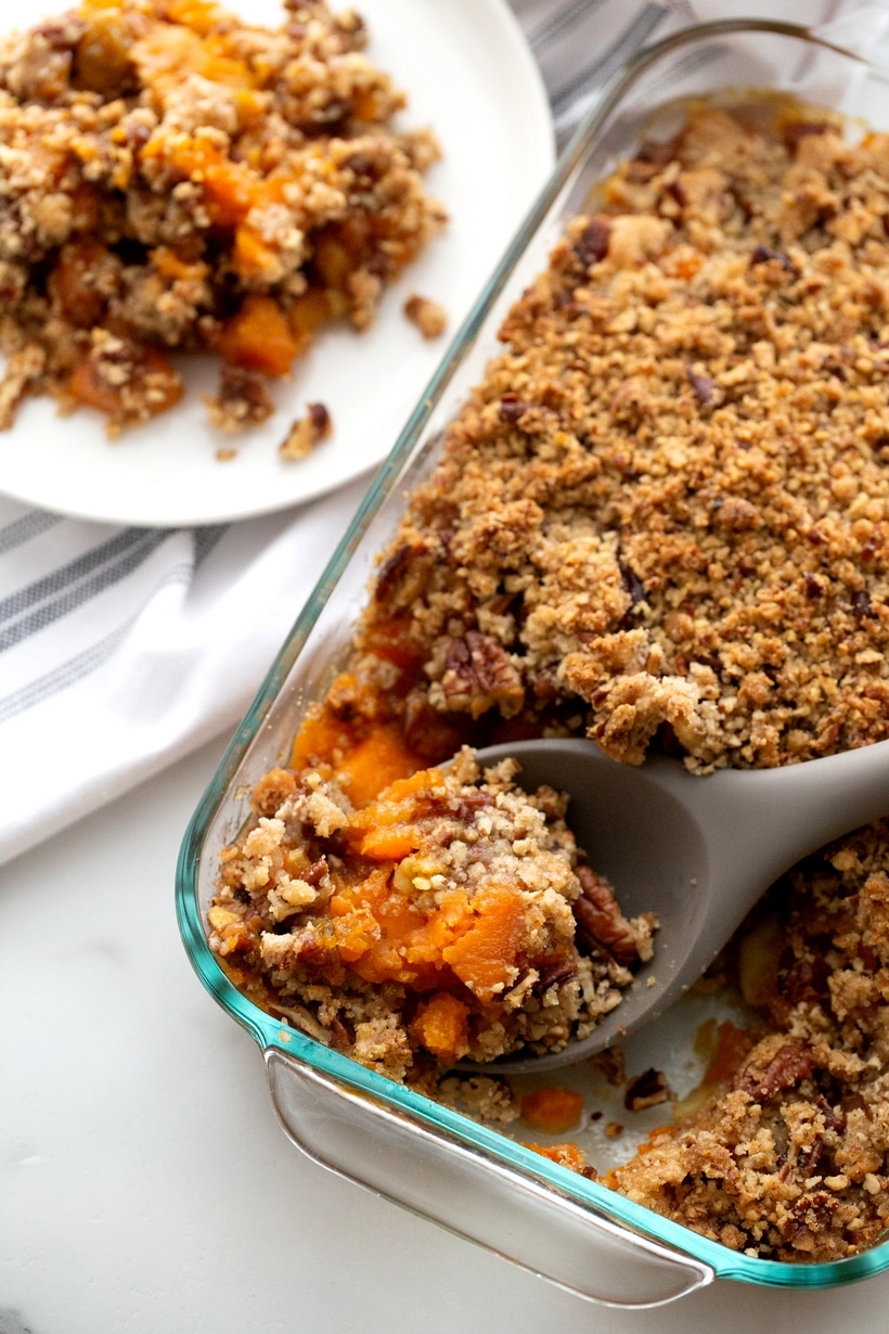 This Streuseled Sweet Potato Casserole tastes like dessert. This sweet potato dish is the perfect companion to any savory meal, especially with its next level crunchy topping. It's not Thanksgiving without it. Streuseled Sweet Potato casserole Recipe
