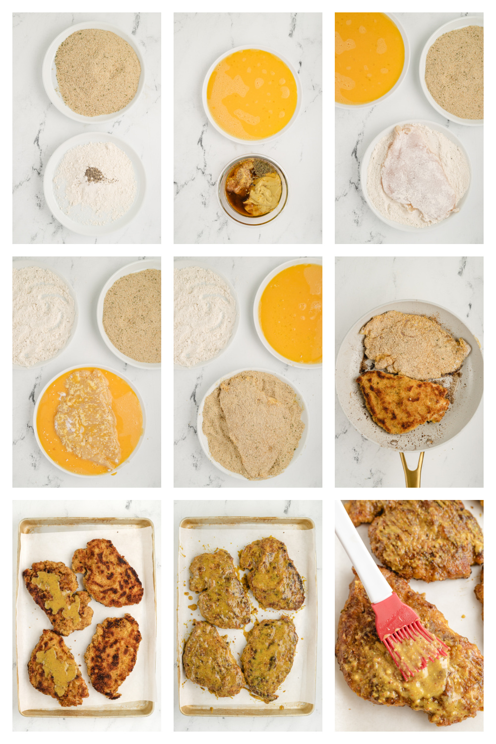 How to Make Maple Mustard Glazed Chicken Cutlets Step-by-step images showing how to bread and glaze chicken cutlets
