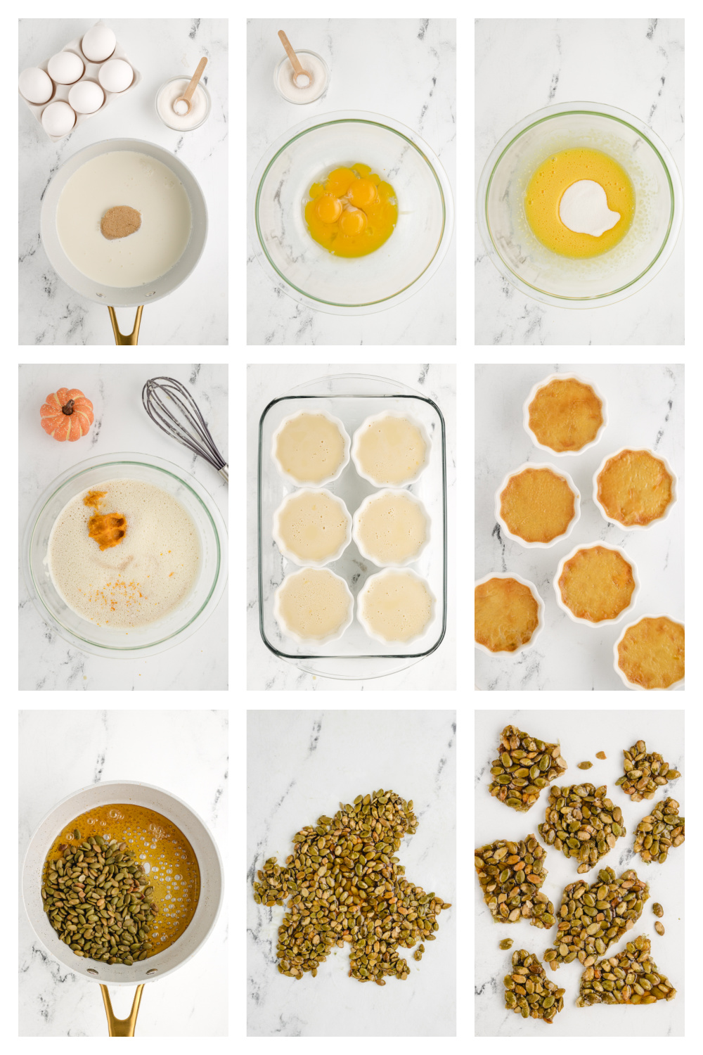 Step by step showing how to make Pumpkin Chai Pots de Crème from tempering the custard to baking in a water bath and preparing pepita brittle.