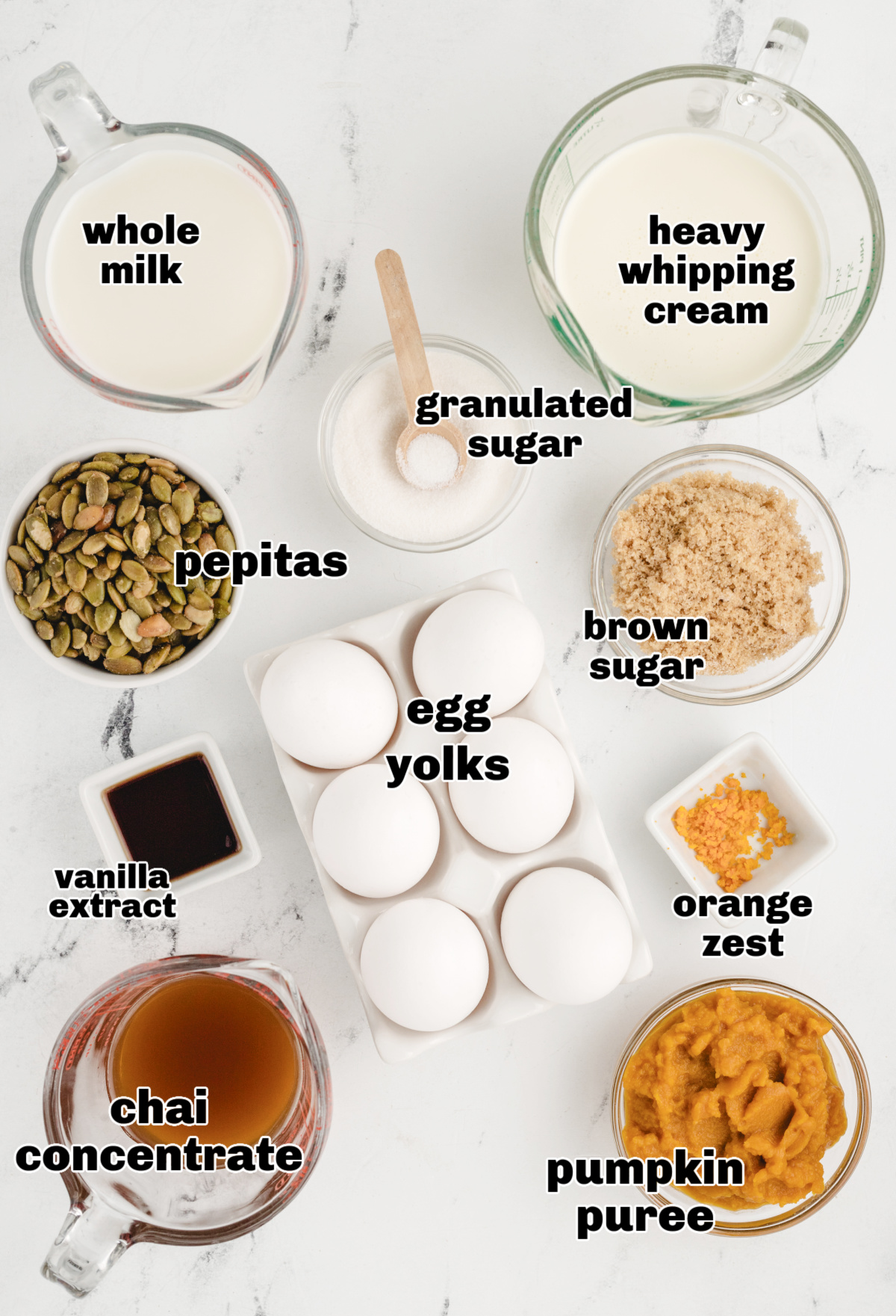 Ingredients for Pumpkin Chai Pots de Crème including pumpkin purée, chai concentrate, egg yolks, cream, brown sugar, and pepitas for brittle.