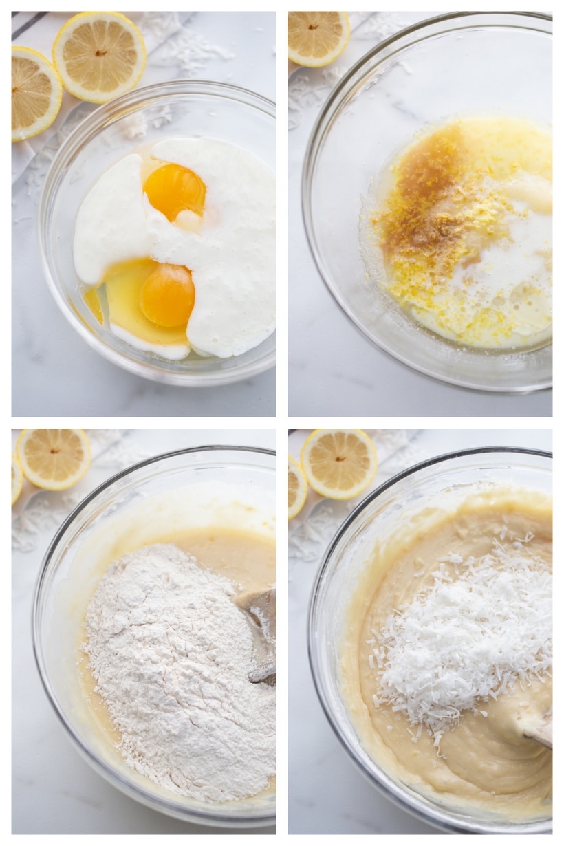 Step-by-step collage Step-by-step collage of making coconut-lemon loaf, from mixing to glazing.