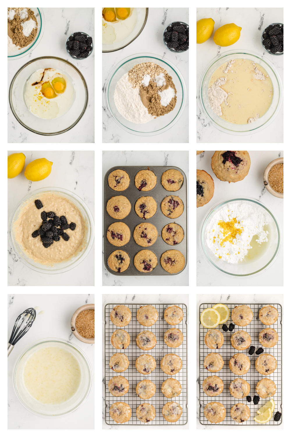 blackberry lemon muffins with oats process shots step-by-step photos showing how to make blackberry lemon oat muffins from mixing to glazing