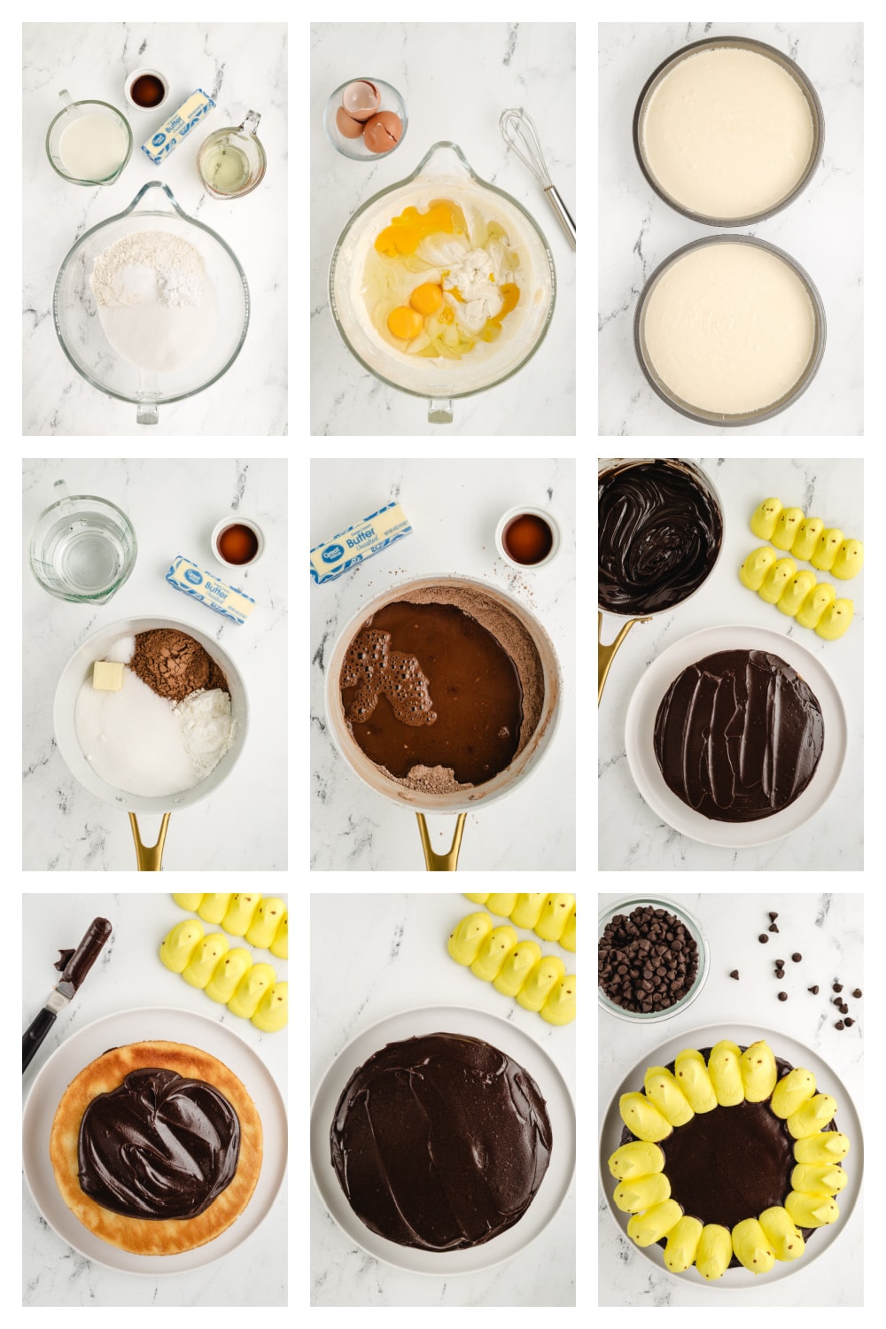 Step-by-step collage showing how to bake the cake layers, make the frosting, and decorate with Peeps and chocolate chips.