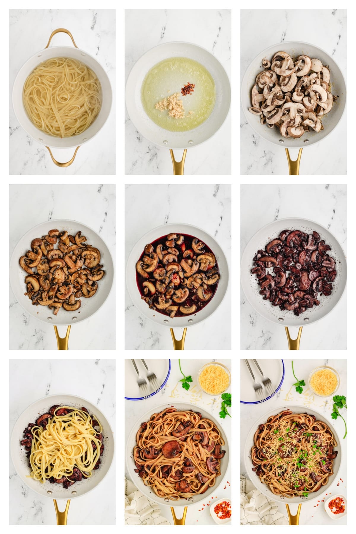Step by step cooking process for mushroom fettuccine recipe with garlic, mushrooms, wine, and pasta