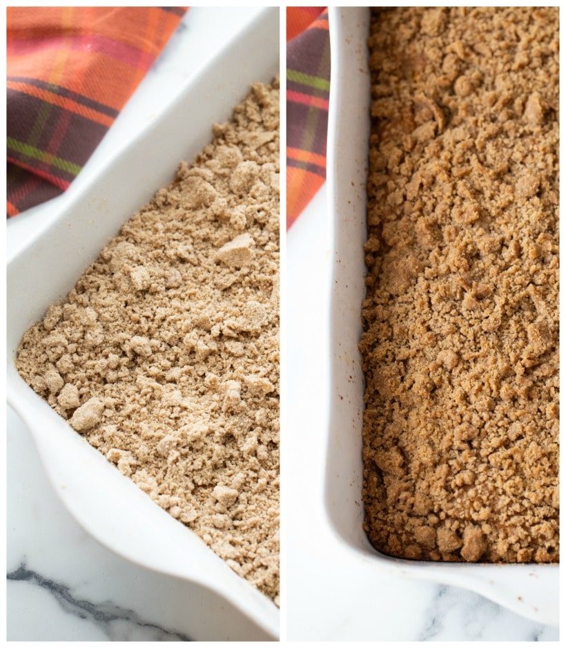 This Pumpkin Coffee Cake recipe tastes like fall. A cozy and generous mix of spices - cinnamon, ginger and nutmeg, along with a rich crumb topping make this coffee cake a perfect, seasonal treat. Baked and unbaked crumb topping for crumb cake