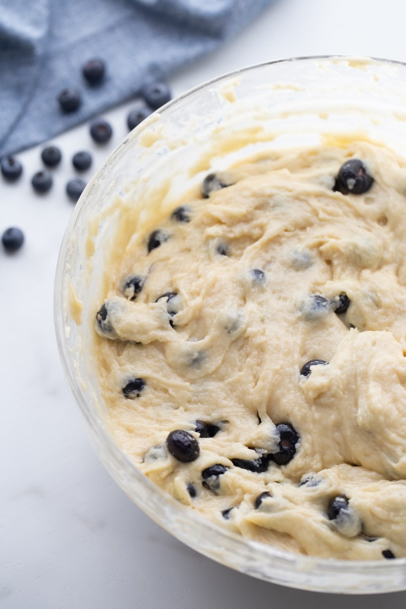 Sour Cream Blueberry Muffins batter blueberry muffin batter in a bowl