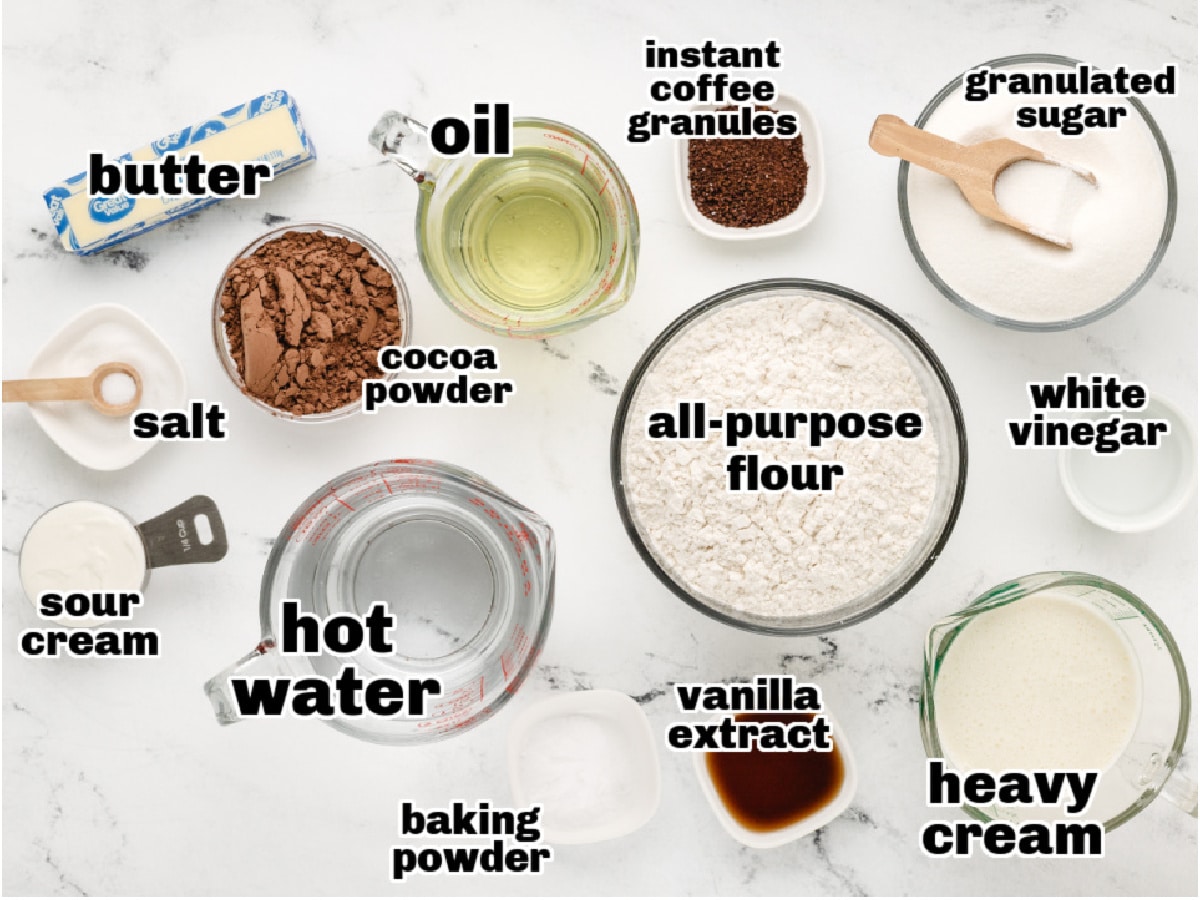 Old-Fashioned Chocolate Cake with Glossy Chocolate Icing ingredients Overhead shot of ingredients for the chocolate cake and icing, including cocoa powder, flour, sugar, butter, and cream.