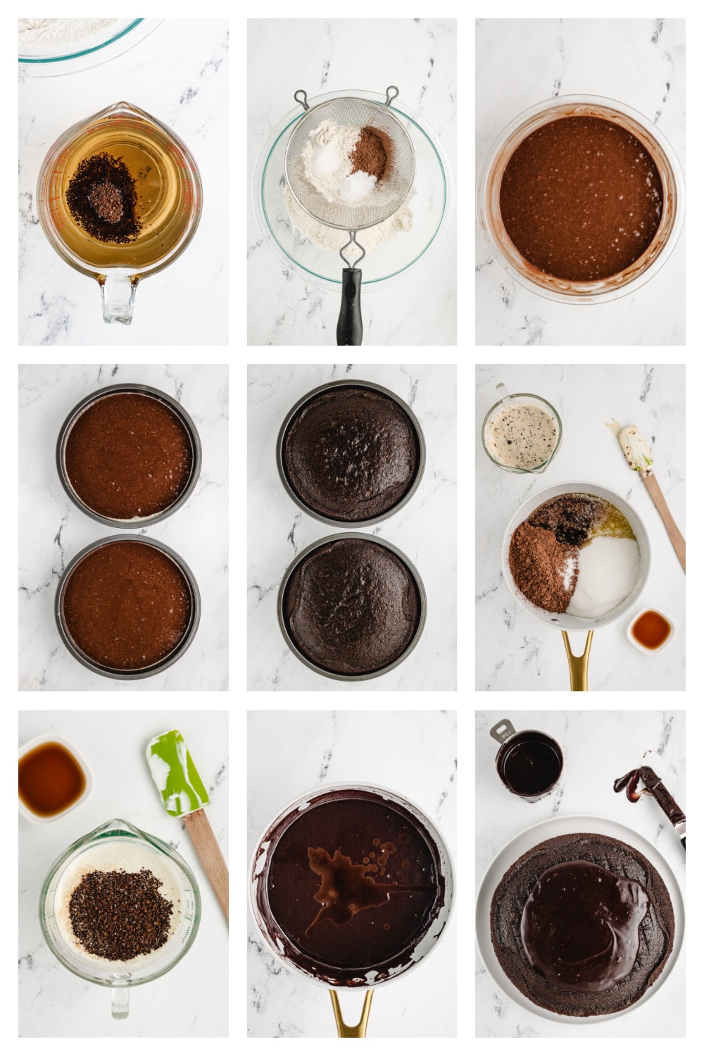 How to make Old-Fashioned Chocolate Cake with Glossy Chocolate Icing step-by-step Step-by-step collage showing the process of making the cake batter, baking the layers, making the icing, and frosting the cake.