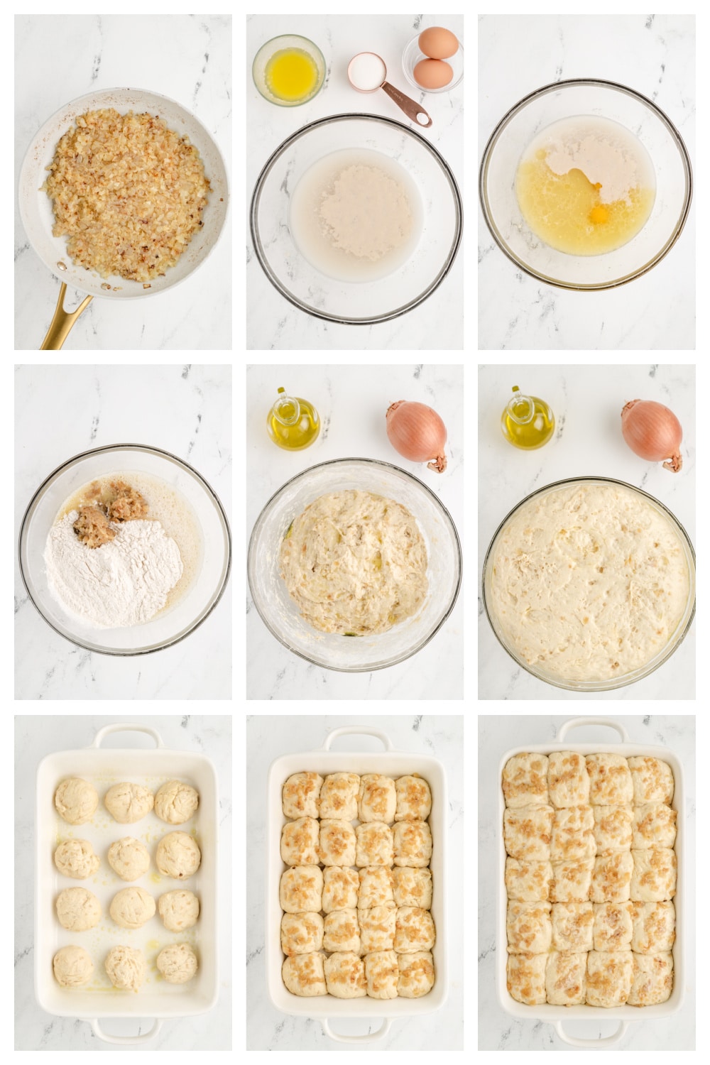 A collage showing key steps: mixing the dough, shaping the rolls, letting them rise, and brushing with butter before baking.