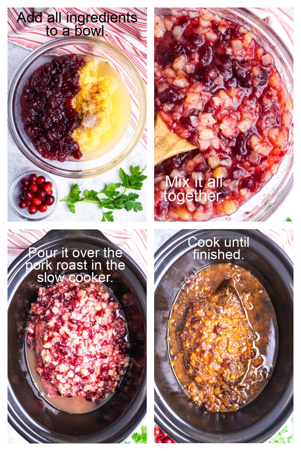 Step-by-step guide to making slow cooker pork. Step-by-step process of seasoning pork, mixing sauce ingredients, pouring sauce over pork, and slow cooking it.