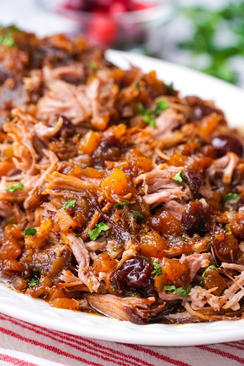 Slow cooker pork with cranberry-pineapple sauce on a plate. Tender shredded pork with cranberry-pineapple sauce served on a white plate.