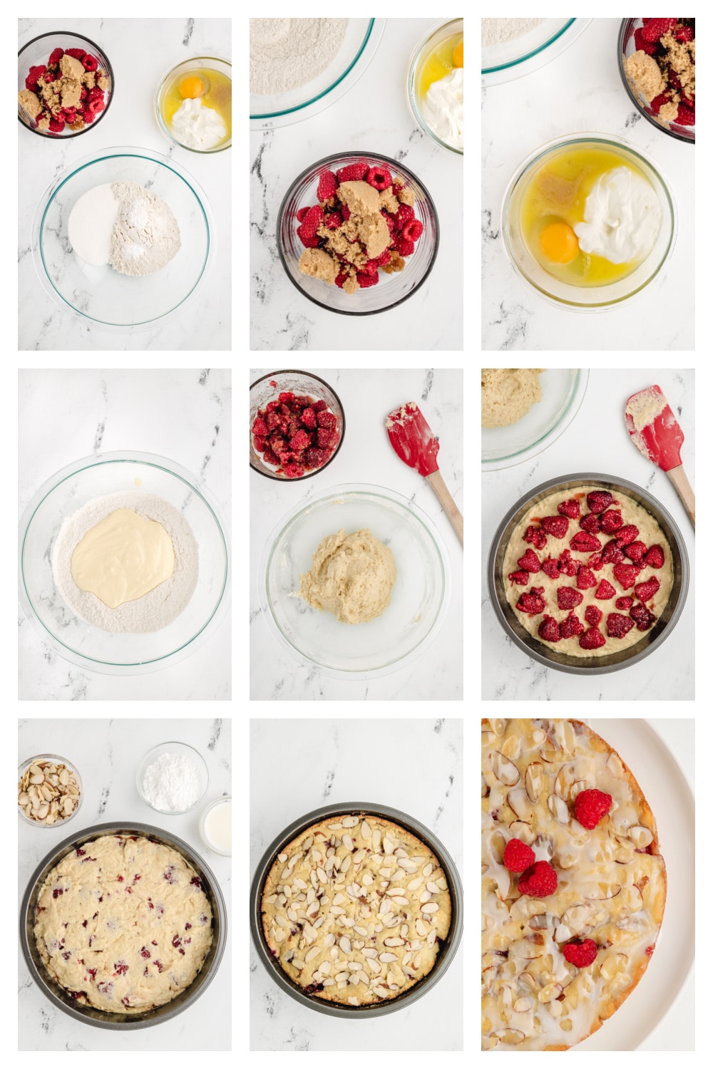 how to make Raspberry Almond Coffee Cake Step-by-step collage showing the process of making the coffee cake, from mixing the batter to layering the raspberries and baking.