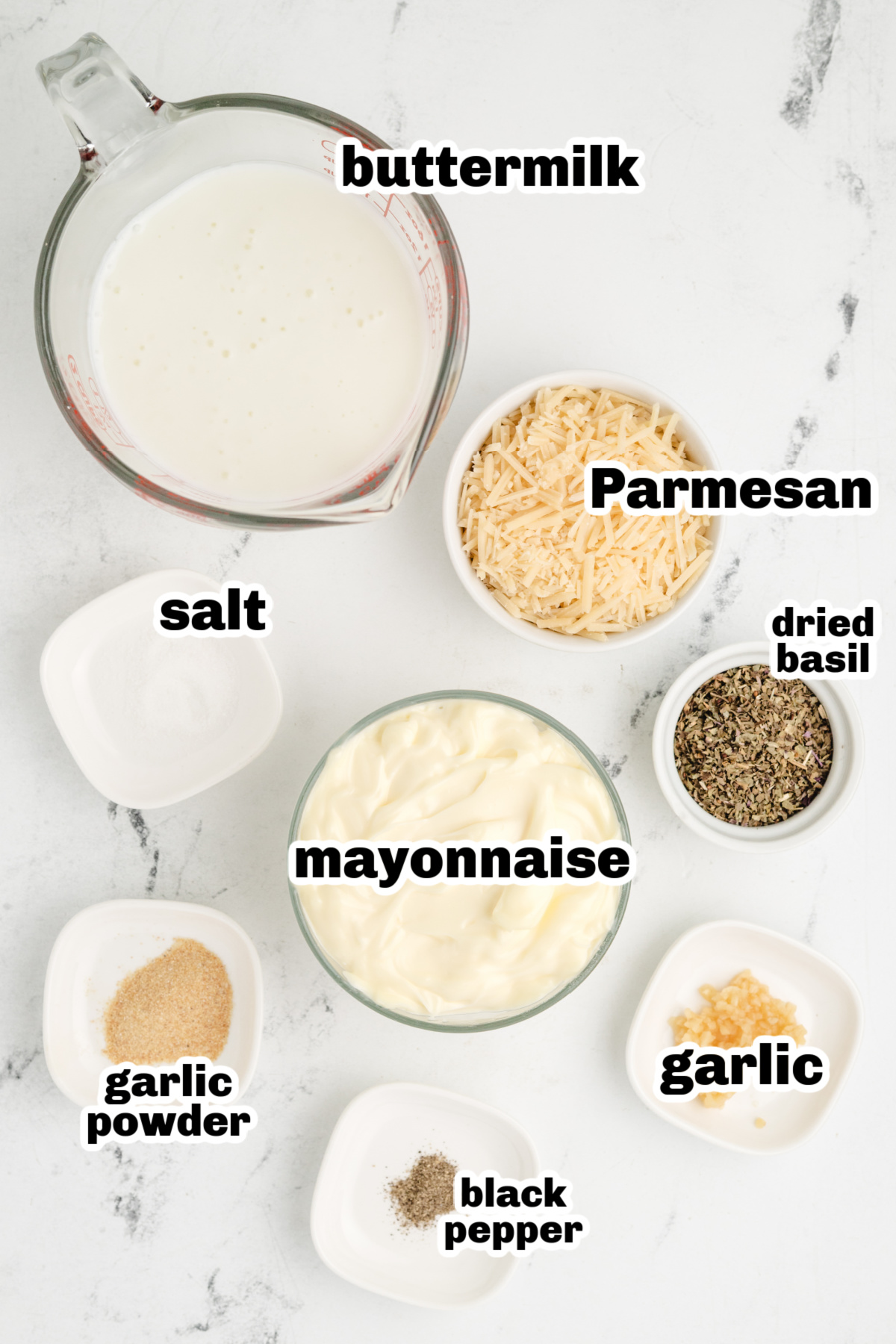 Creamy Pesto Dressing Ingredients for Spaghetti Factory Recipe Ingredients for creamy pesto dressing recipe including mayo, buttermilk, basil, garlic, and Parmesan