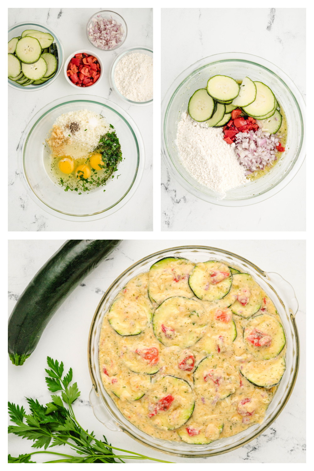 How to make Bisquick zucchini pie with red peppers and shallots Step-by-step photos showing ingredients, mixing, and batter in pie plate for zucchini biscuit pie