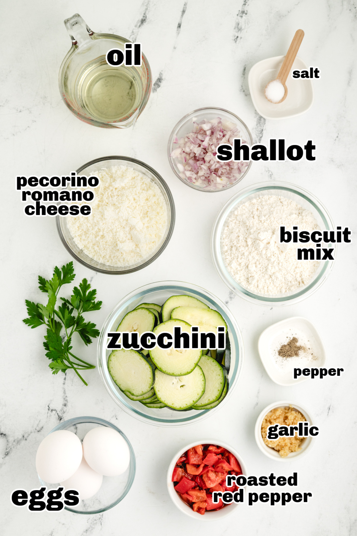Ingredients for crustless zucchini pie with Bisquick and cheese Overhead view of labeled ingredients for savory zucchini bake with biscuit mix, garlic, and pecorino