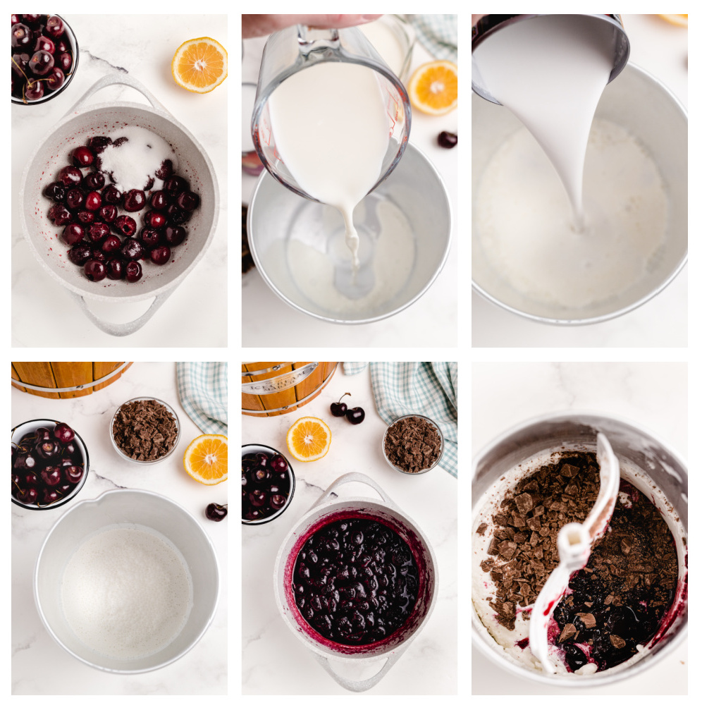 Step-by-step photos for making fresh cherry coconut chocolate chip ice cream, including cooking cherries, mixing the base, and adding chocolate.