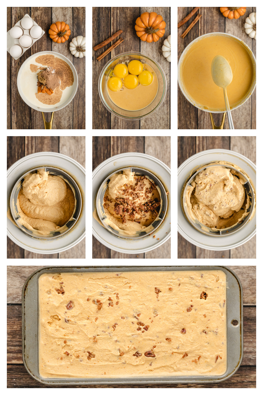 Step-by-step collage showing how to make Pumpkin Brown Sugar Crunch Ice Cream, from whisking pumpkin custard and tempering egg yolks to churning the ice cream and folding in baked streusel.