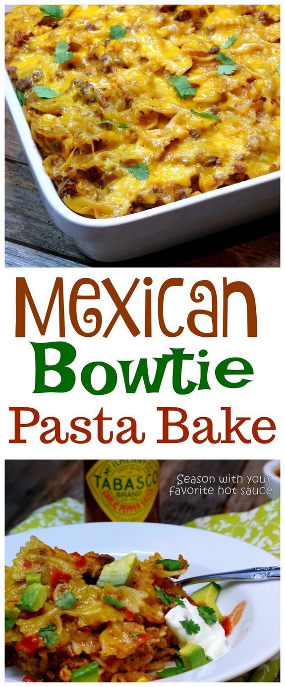 VIDEO + Recipe: Garnish this MEXICAN BOWTIE PASTA BAKE with fresh avocado, sour cream, cilantro and a favorite hot sauce. Makes for great leftovers too from NoblePig.com. #noblepig #cincodemayo #pasta #casserole #mexican