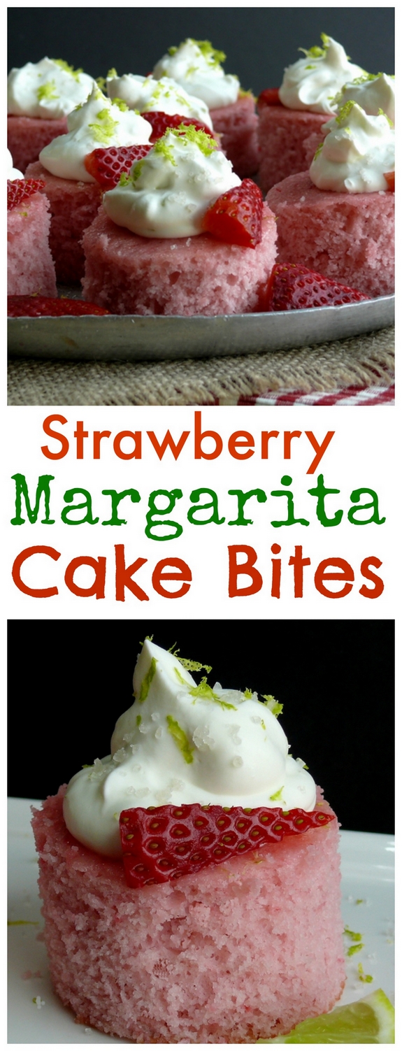 VIDEO + RECIPE: A Daiquiri mixer and tequila give these Strawberry Margarita Cakes Bites their namesake. The lime zested whipped cream flecked with sea salt is reminiscent of a salted rim on a margarita glass from NoblePig.com #noblepig #Boozydessert #margarita #strawberrydessert #strawberry