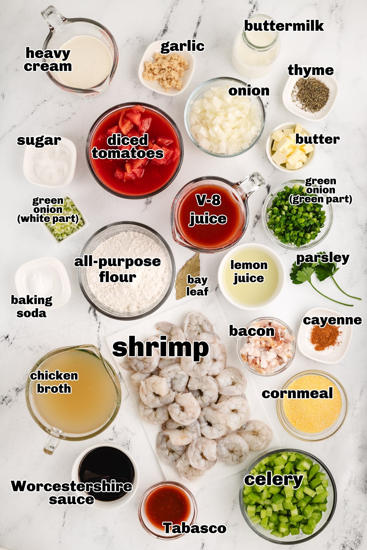 Creamy Shrimp Creole Soup with Bacon-Cornmeal Dumplings ingredients ingredients for soup and dumplings