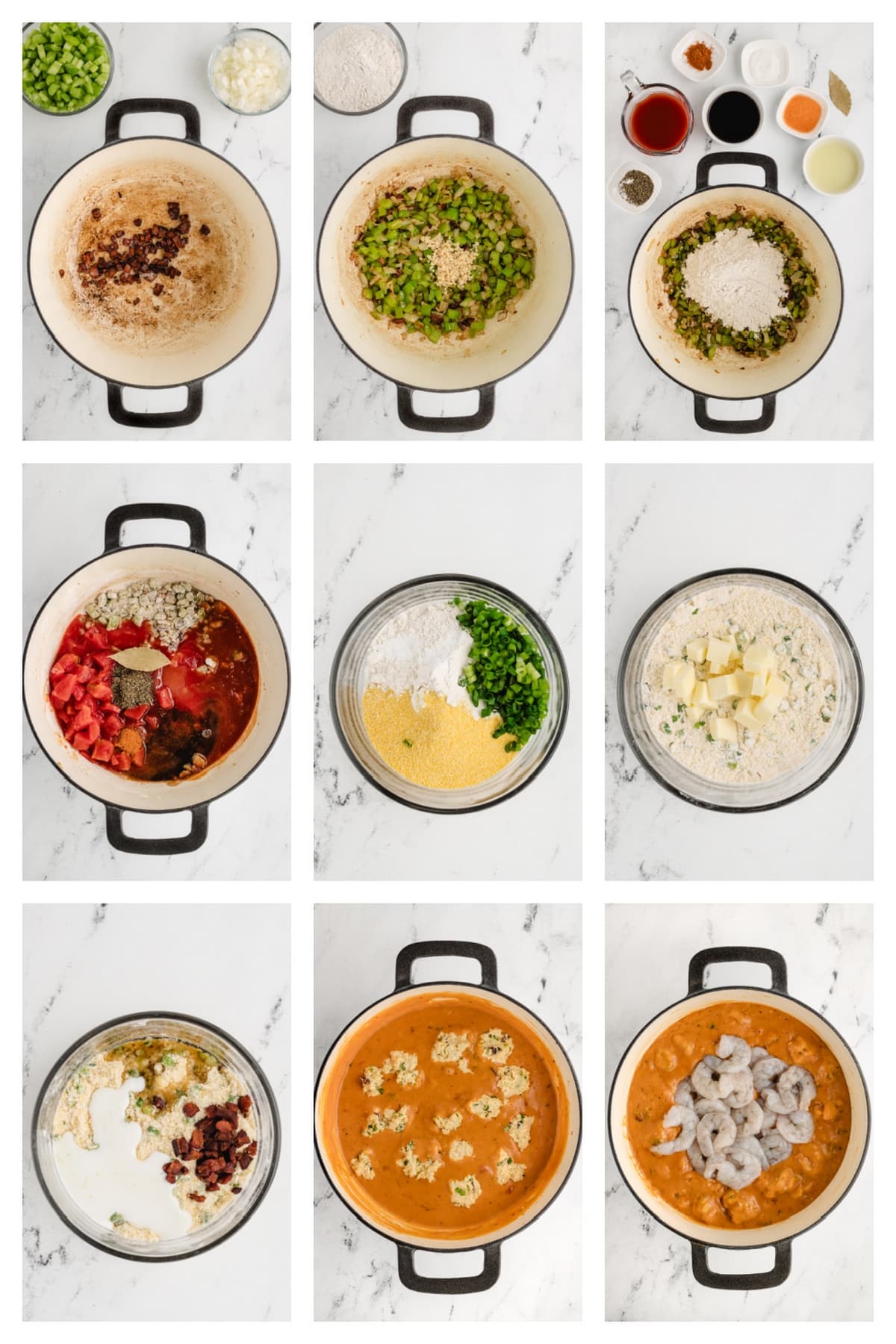 Creamy Shrimp Creole Soup with Bacon-Cornmeal Dumplings collage step by step collage on how to make the soup and dumplings