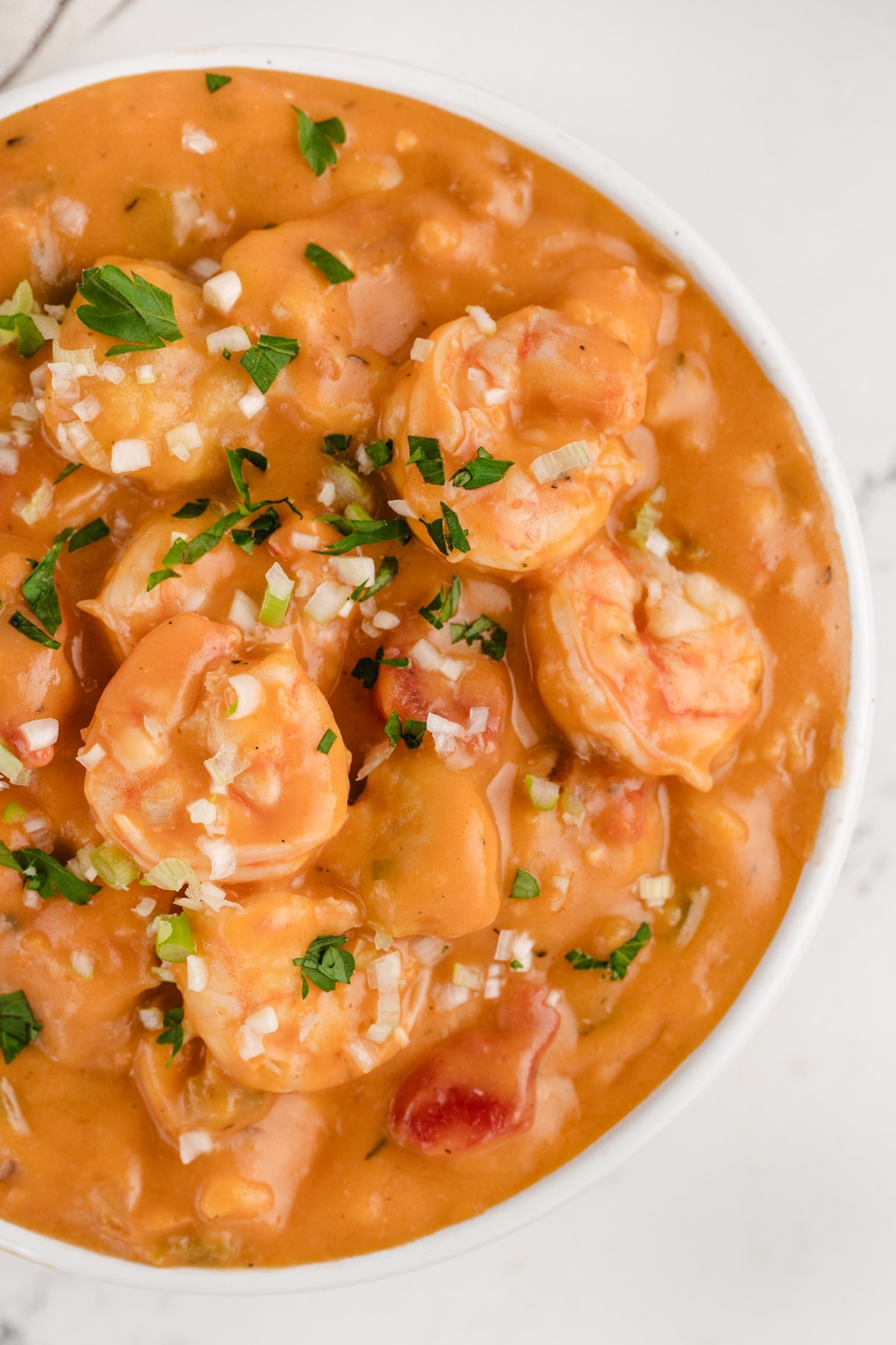 Creamy Shrimp Creole Soup with Bacon-Cornmeal Dumplings Creamy Shrimp Creole Soup with Bacon-Cornmeal Dumplings overhead view