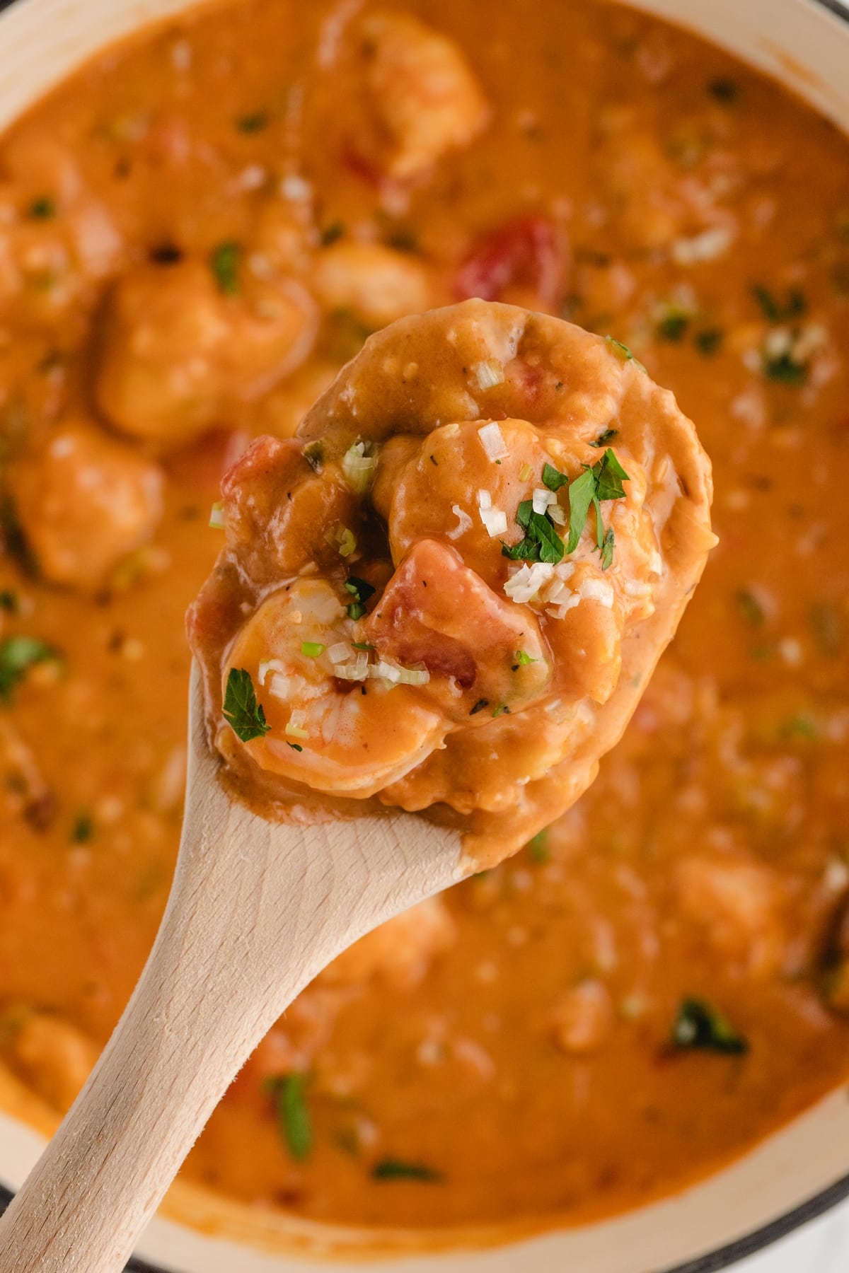 a spoonful of Creamy Shrimp Creole Soup with Bacon-Cornmeal Dumplings Creamy Shrimp Creole Soup with Bacon-Cornmeal Dumplings in a wooden spoon