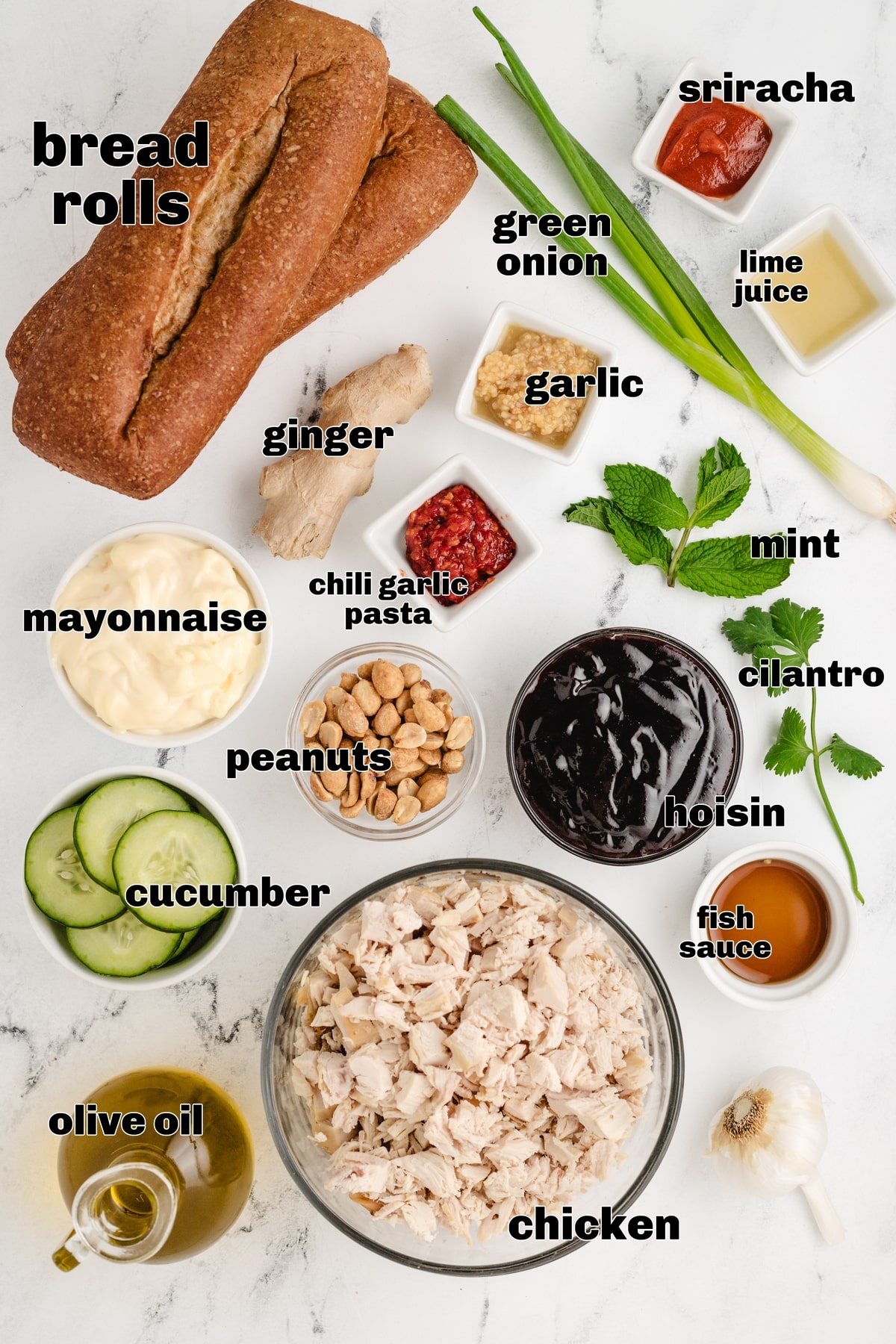 These Open-Faced Thai Chicken Sandwiches are a perfect mix of fresh flavors, with leftover rotisserie chicken, crisp veggies, and a Chili-Garlic Mayo that ties it all together—so easy, you'll be making them all the time. ingredients