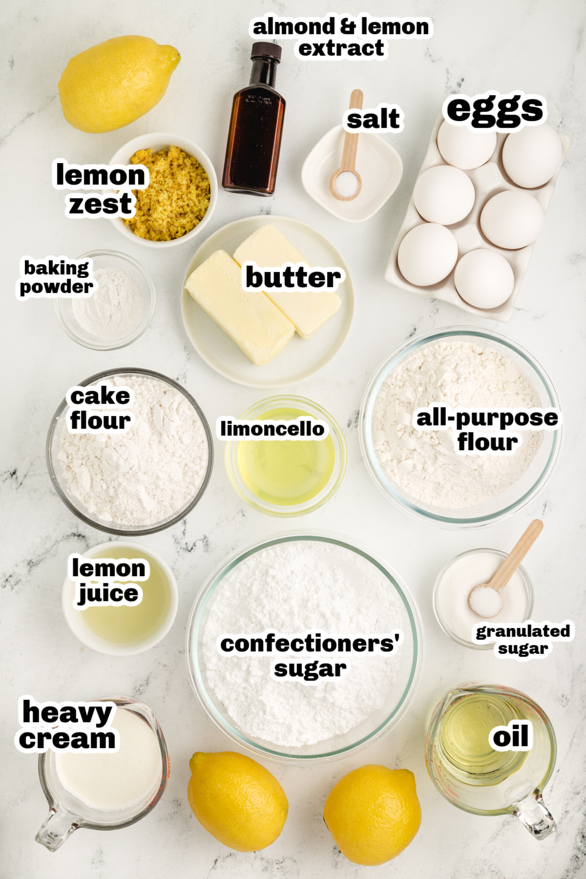 Ingredients for Limoncello Syrup Lemon Bundt Cake Recipe Ingredients for lemon cake with limoncello syrup and glaze