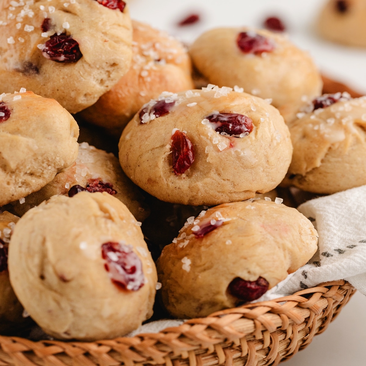 Basket of cinnamon cranberry dinner rolls. cinnamon-cranberry dinner rolls