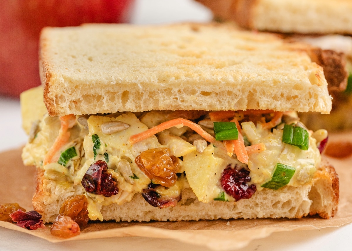 Ready-to-eat curried turkey salad sandwich. Close-up view of a leftover turkey curried turkey salad sandwich.