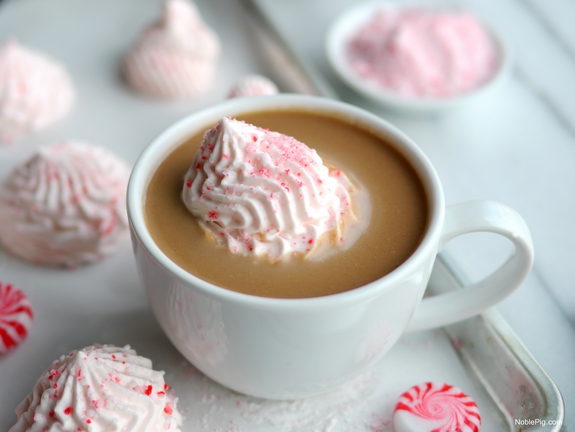 A mug of peppermint bark hot chocolate topped with a frozen peppermint whipped cream swirl and sprinkled with crushed candy canes.