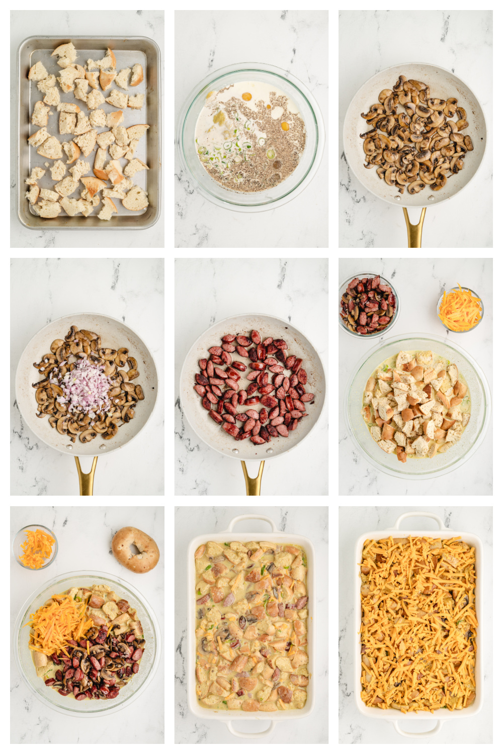 Serving of bagel breakfast casserole with smoky kielbasa. Step-by-step photos showing how to make an overnight bagel breakfast casserole.
