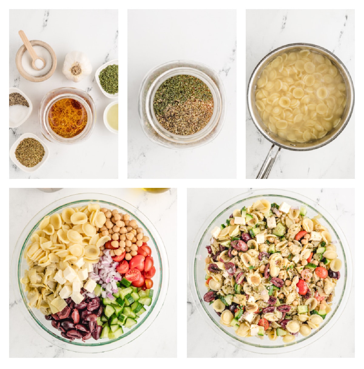 A series of images showing the process of making pasta salad, from cooking pasta to mixing in the dressing and toppings.