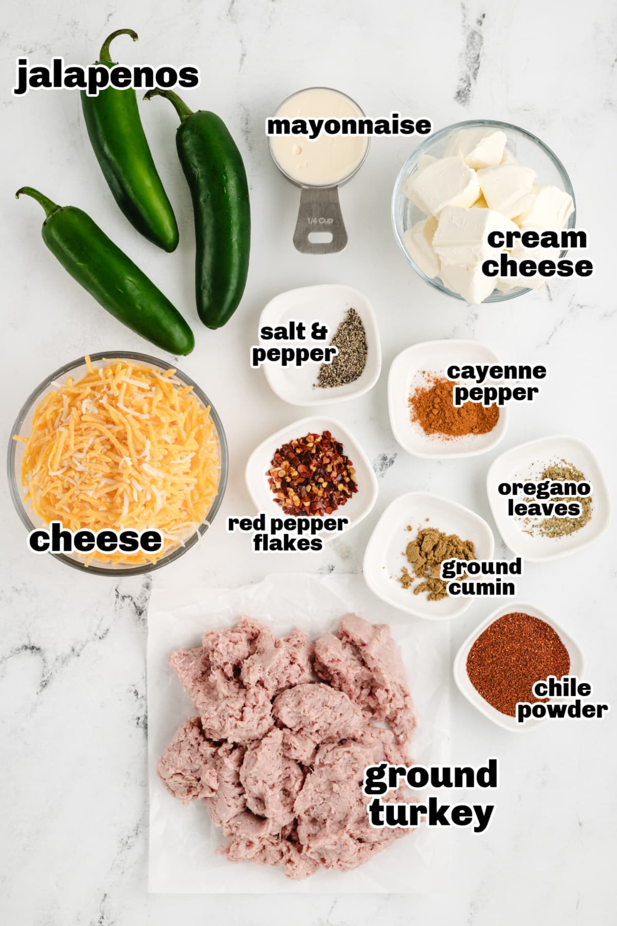 Overhead shot of ingredients, including jalapeños, ground turkey, shredded cheese, and spices, laid out before preparation.