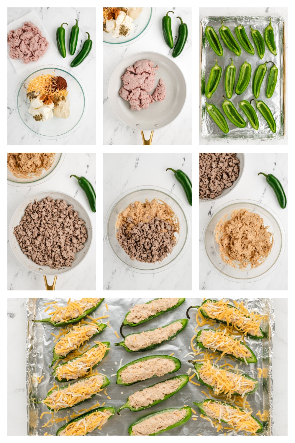 Step-by-step collage showing the process of preparing jalapeños, mixing the filling, stuffing them, and baking until golden.