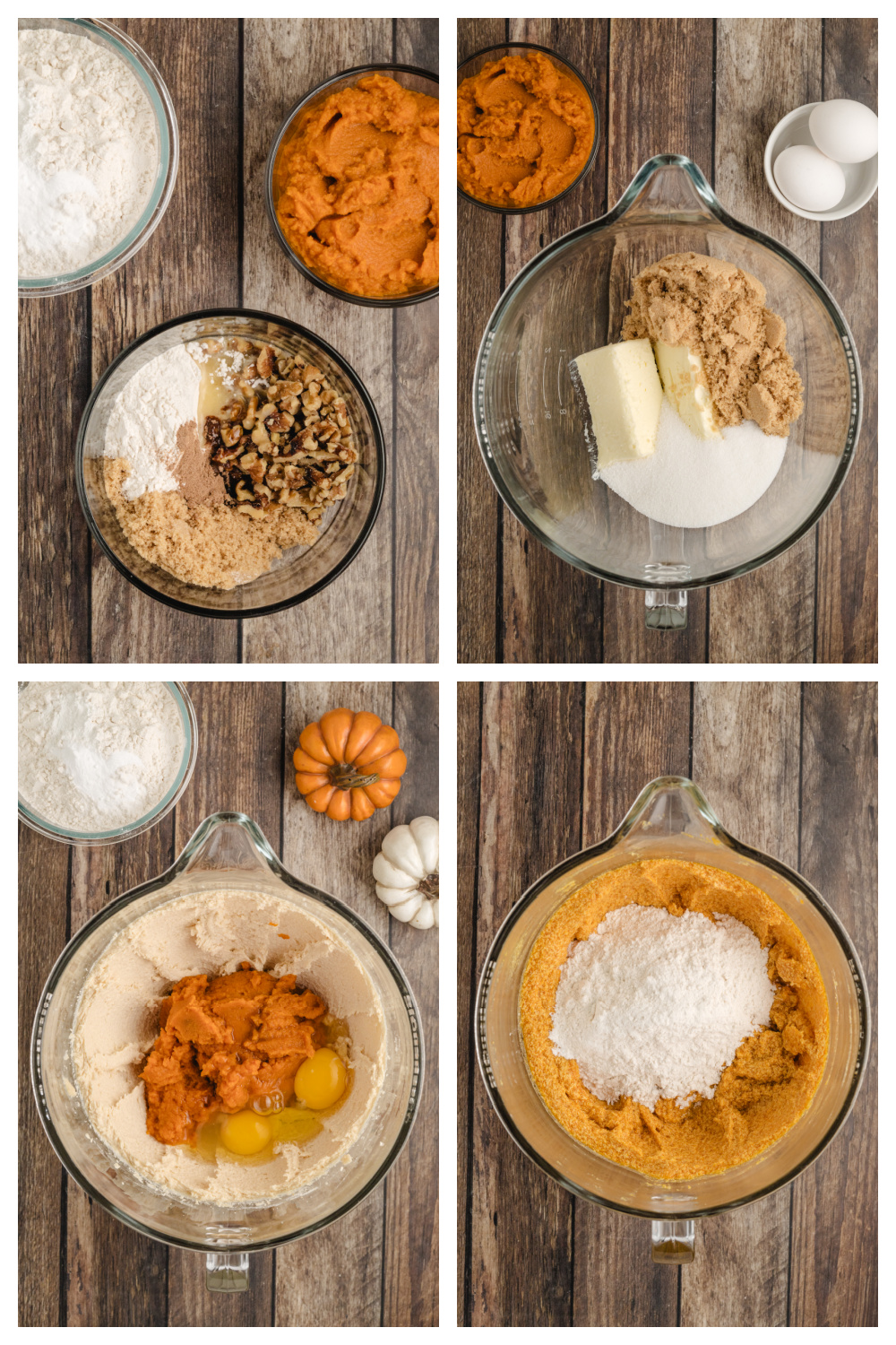 Step-by-step process for making brown sugar pumpkin muffin batter with butter, eggs, and pumpkin purée.