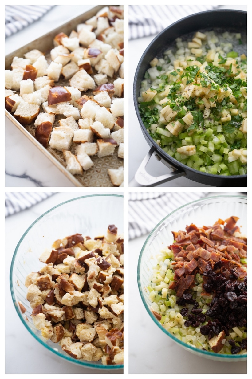 Step-by-Step Assembly of Pretzel Bread Stuffing Collage showing steps to prepare pretzel bread stuffing: drying bread cubes, sautéing vegetables, mixing ingredients, and filling baking dish.