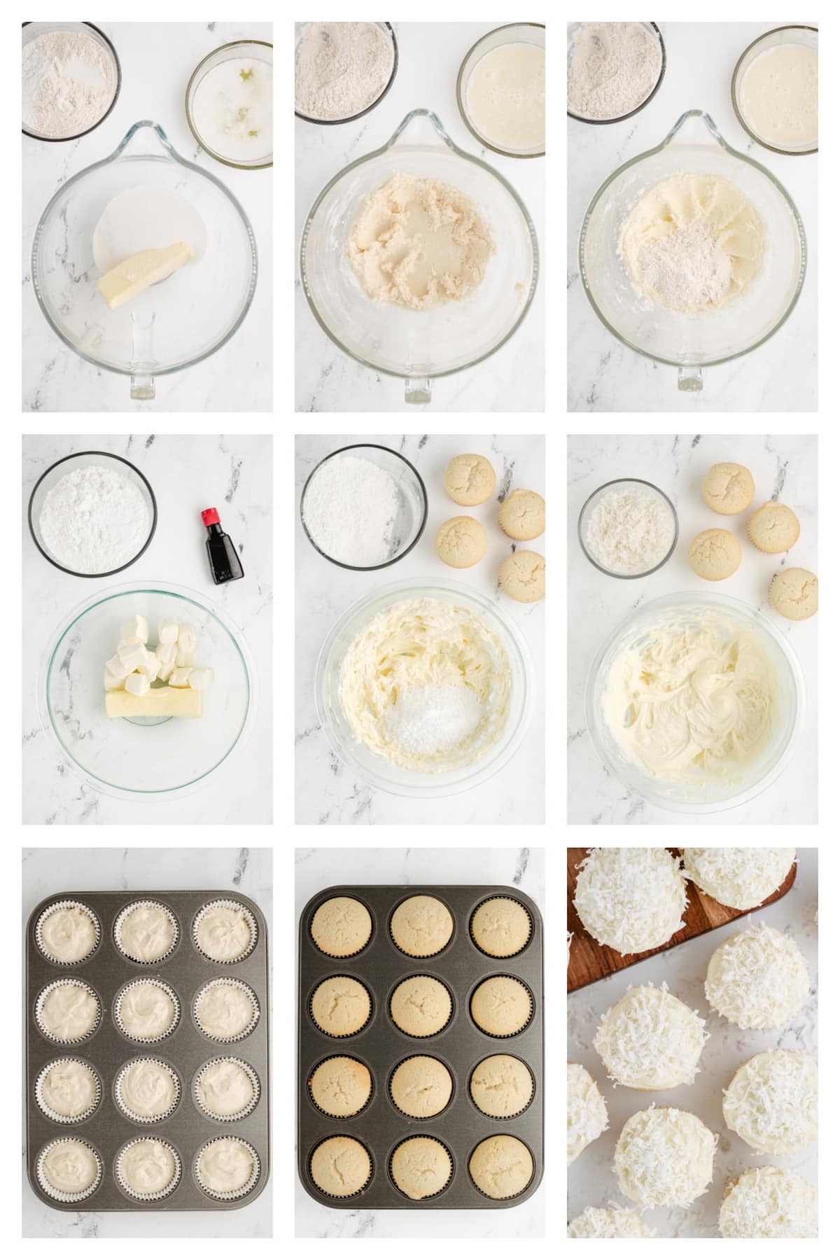 Step-by-step collage showing the process of making cupcakes from mixing ingredients to frosting with coconut cream cheese frosting.