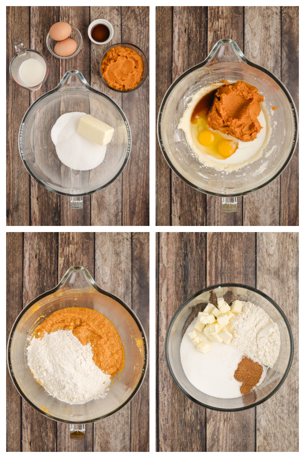 how to make pumpkin buttermilk muffins step by step showing mixing butter, sugar, eggs, pumpkin purée, and dry ingredients
