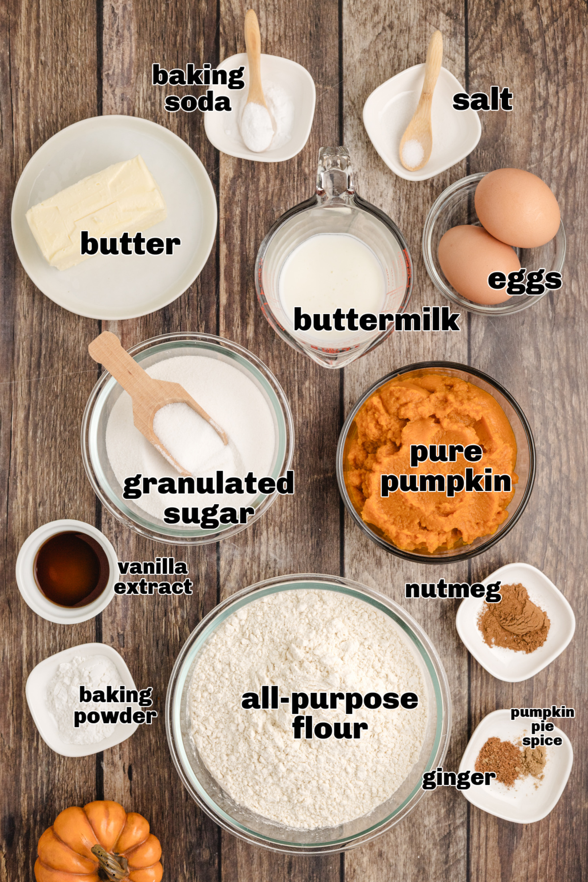 ingredients for pumpkin muffins with buttermilk including flour, pumpkin purée, butter, eggs, sugar, and spices on wooden surface