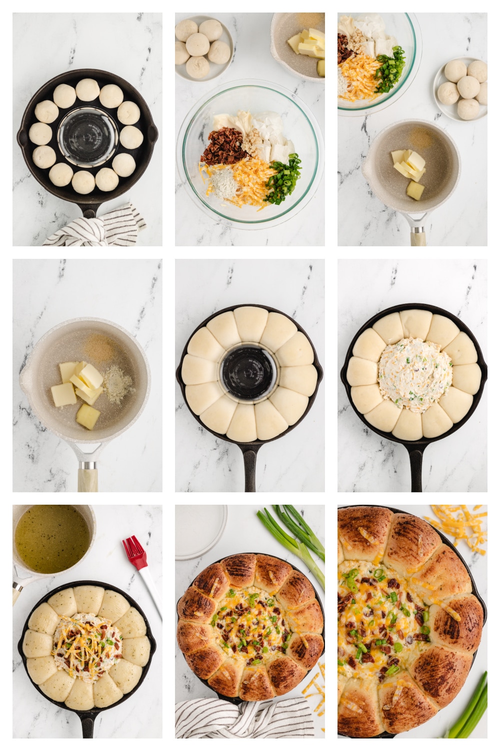 Collage showing steps to make sour cream bacon ranch ring dip: arranging rolls in skillet, mixing dip ingredients, filling center with dip, brushing rolls with butter, and baking.