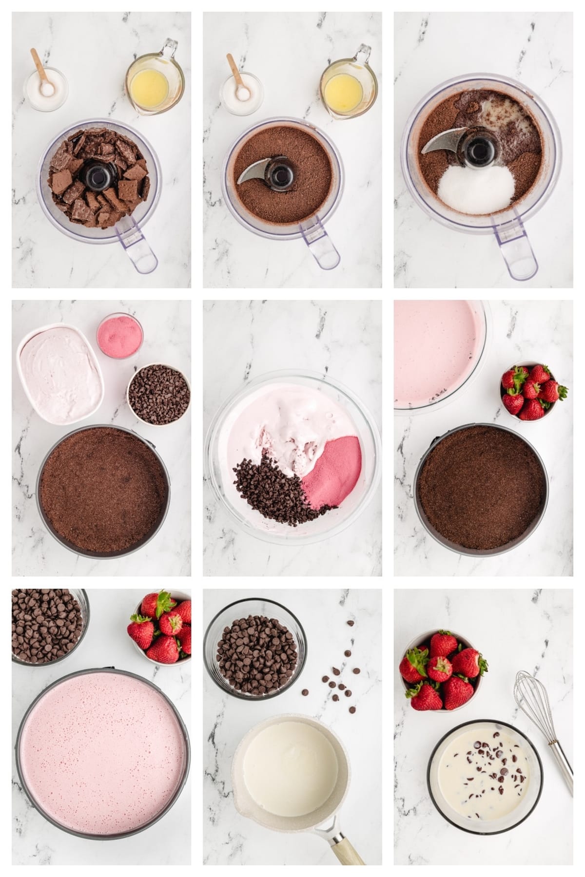 A collage of images showing the process of making the ice cream cake, from pressing the crust into the pan to mixing the ice cream layer, pouring on the ganache, and freezing the cake.
